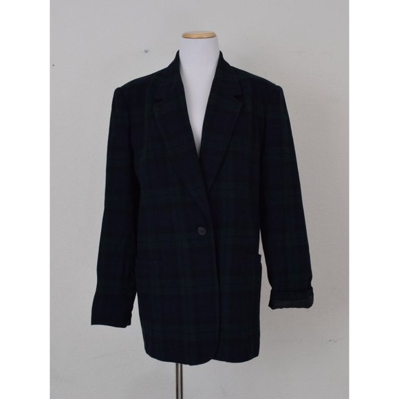 Vintage 90s Green/Navy Plaid Wool Acrylic Blazer by White Stag size 16 - Picture 2 of 10